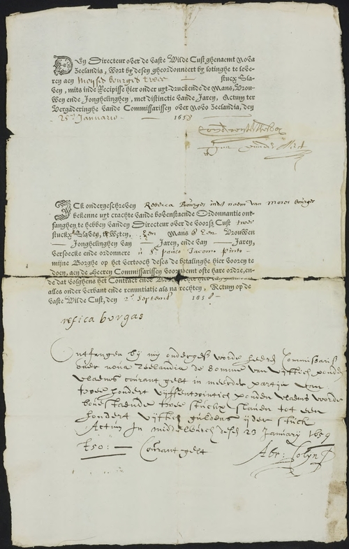 Kwitantie voor de levering van twee slaafgemaakten, 25 januari 1658