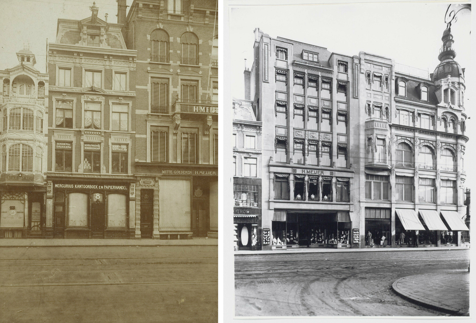 Links Koningsplein 8 in 1912, nog voordat de pui gemoderniseerd werd. Rechts warenhuis Nieuw Engeland, dat in 1913-1914 uitgebreid werd met diverse buurpanden. | Foto's: beeldbank Stadsarchief Amsterdam (ANWE00002000001 en B00000002598).