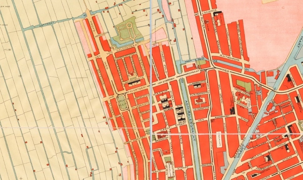 Uitsnede van de kaart van de Admiralenbuurt, gemaakt door Publieke Werken in 1929-1930. | Bron: Stadsarchief Amsterdam (B00000030982 en D10100000169).