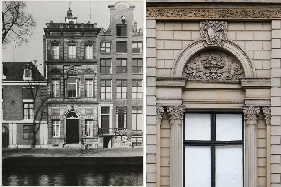 Als blikvanger van het nieuwe museum ontwierp architect Outshoorn een voornaam ogende zandstenen voorgevel in de stijl van de Italiaanse renaissance. | Foto links: Archief van het Bureau Monumentenzorg (ca. 1940), beeldbank Stadsarchief Amsterdam (012000007712); foto rechts: Paul Nieuwenhuizen, Monumenten en Archeologie (2022).