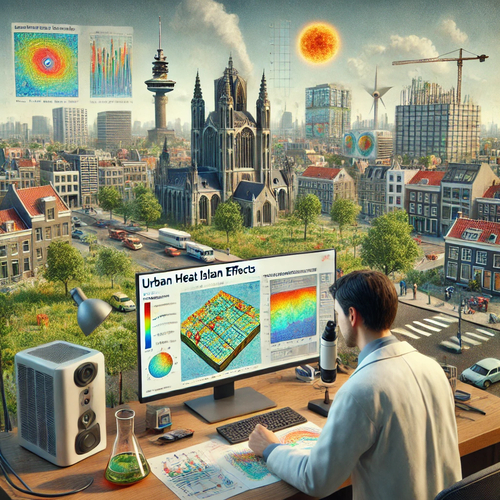 DALL·E 2024-07-01 11.17.20 - A scene depicting the study of urban heat island effects in a city setting, focusing on Amsterdam. Show researchers using street view imagery and adva.webp
