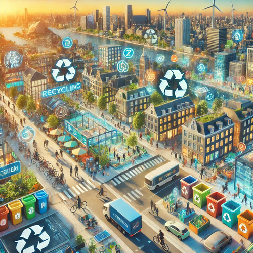 DALL·E 2024-07-01 11.24.20 - A vibrant cityscape of Amsterdam transformed into a circular economy model focused on recycling single-use plastics. Show people actively participatin.webp