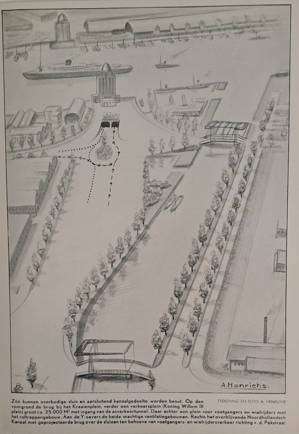 Plan van T.C. Groot voor de IJ-tunnel. | Tekening: A. Henrichs, uit: T.C. Groot, Plan voor Y tunnel, Amsterdam 1939 (pag. 43).