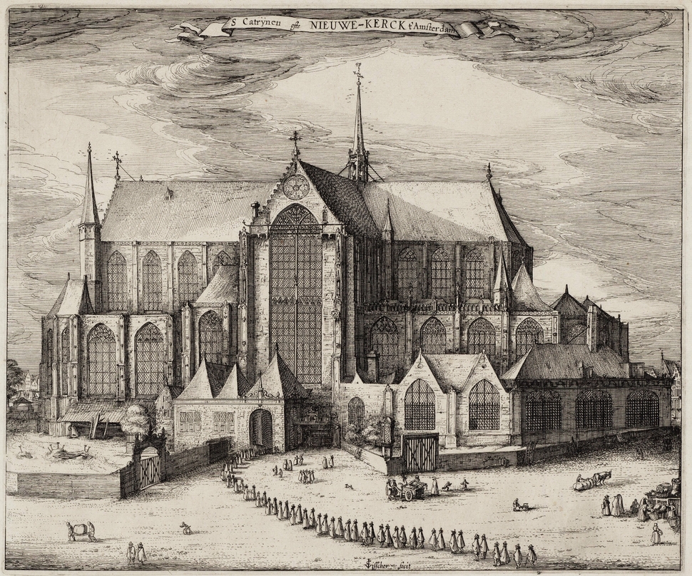 Prent van de Nieuwe Kerk aan de Dam. | Vervaardiger: Claes Jansz Visscher (1612), beeldbank SAA (010001000624).