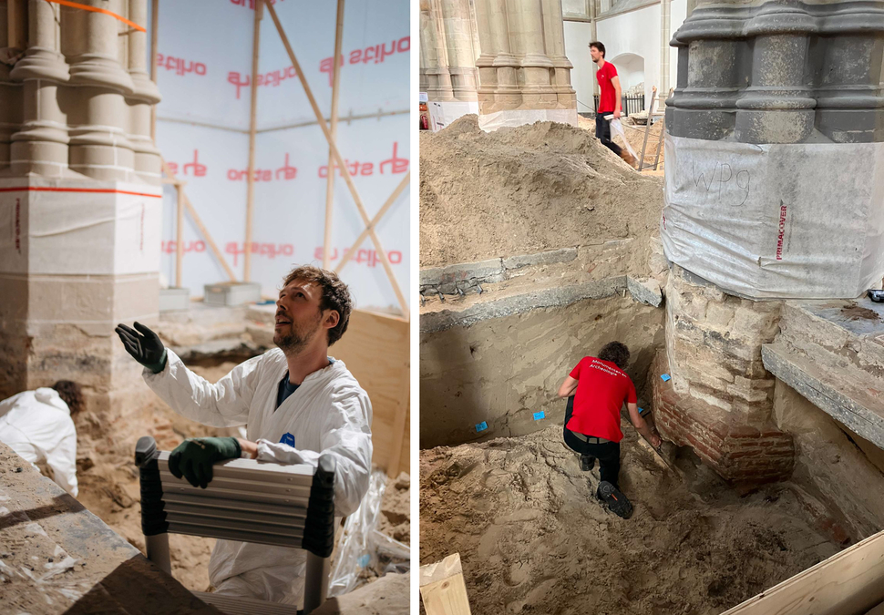 Links: Archeoloog Thijs Terhorst geeft uitleg bij de opgravingen in De Nieuwe Kerk. Rechts: rondom de zuilen wordt  archeologisch onderzoek verricht. | Foto links: Isabell Janssen; foto rechts: Monumenten en Archeologie.