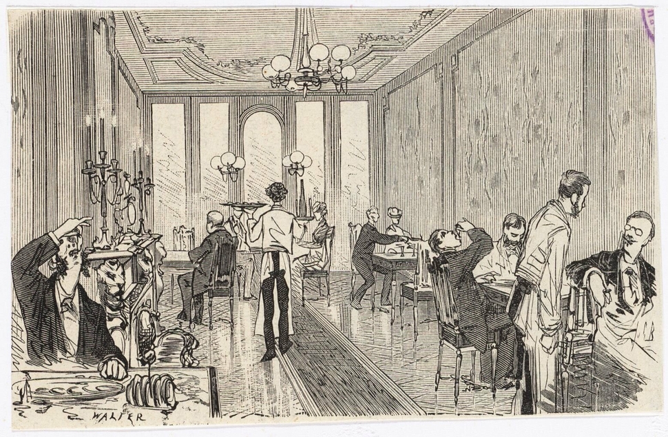 Interieur van ‘oestersalon’ Van Laar. Ook hier is goed te zien wat een chique tent het was. | Prent: Joh. Walter (ca. 1889-1895), beeldbank Stadsarchief Amsterdam (010194000288).