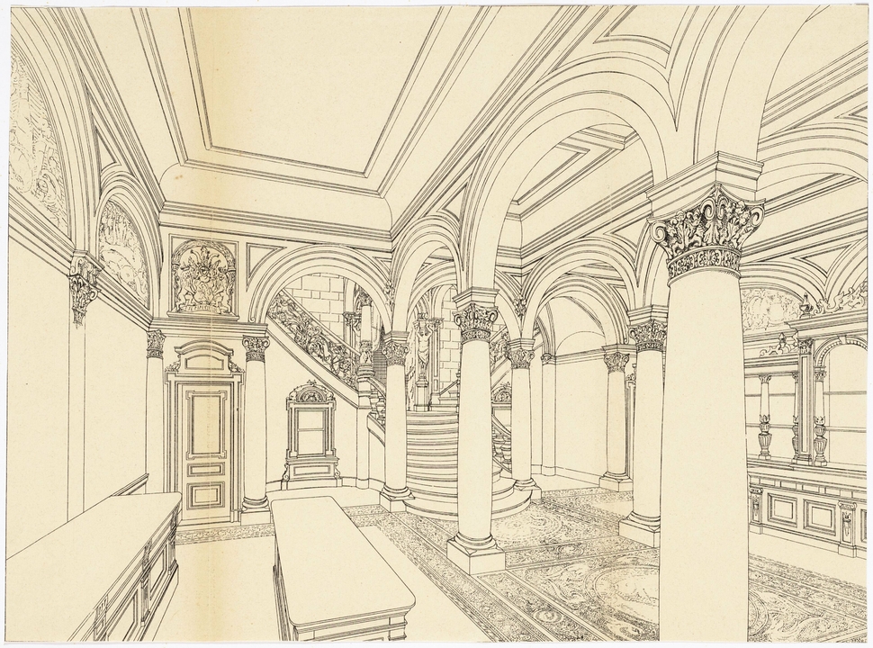 Tekening van het interieur van het restaurant, ca. 1889: één en al grandeur. | Prent: collectie Stadsarchief Amsterdam (010194000289).