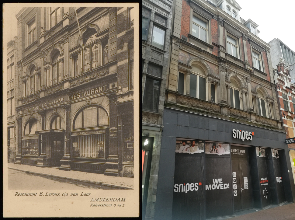 Voorgevel van het visrestaurant van Van Laar, ca. 1928. Tegenwoordig is de onderpui anders, maar de geëmailleerde schilderingen ter hoogte van de eerste verdieping zijn nog aanwezig. | Foto links: S. Sealtiël, beeldbank Stadsarchief Amsterdam (PBKD00358000016); foto rechts: Monumenten en Archeologie.