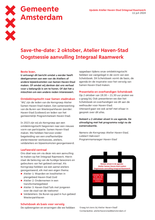 Save the date Oogstsessie Atelier Haven-Stad Integraal Raamwerk 2-10-2024